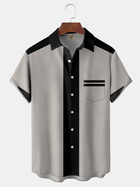 

Color Block Chest Pocket Short Sleeve Bowling Shirt, Gray, Men Shirts