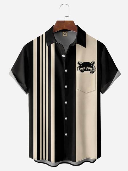 

Striped Animals Chest Pocket Short Sleeves Casual Shirts, Black, Men Shirts