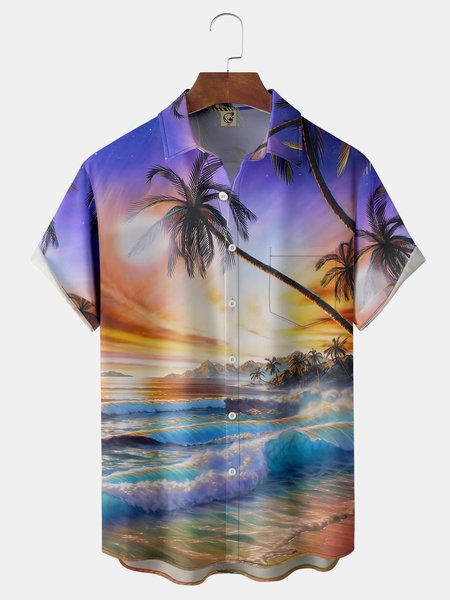 

Coconut Tree Painting Chest Pocket Short Sleeve Hawaiian Shirt, Yellow, Men Shirts