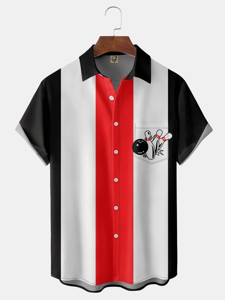 

Bowling Ball Chest Pocket Short Sleeve Bowling Shirt, Black, Men Shirts