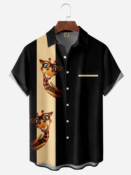 

Giraffe Chest Pocket Short Sleeve Casual Shirt, Black, Men Shirts