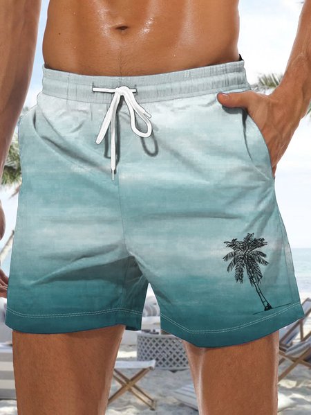 

Coconut Tree Drawstring Beach Shorts, Blue, Men's shorts