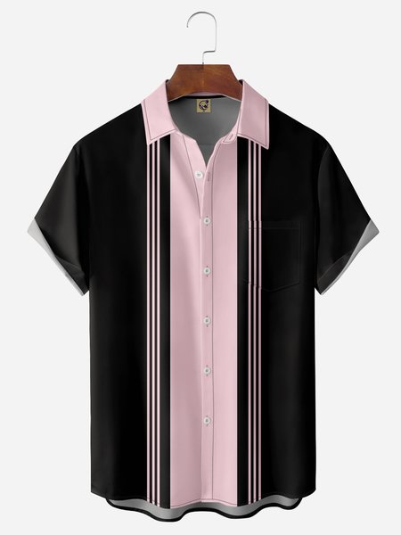 

Geometric Lines Chest Pocket Short Sleeve Bowling Shirt, Black, Men Shirts