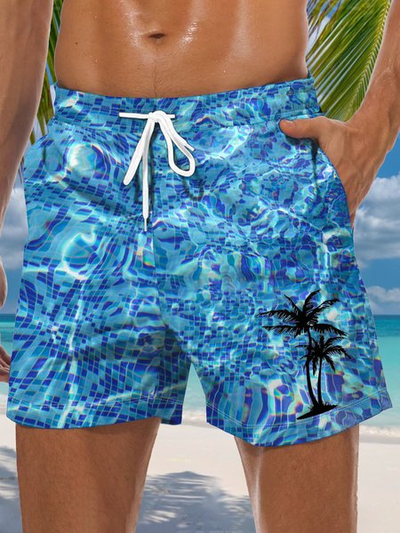 

Coconut Tree Drawstring Beach Shorts, Blue, Men's shorts