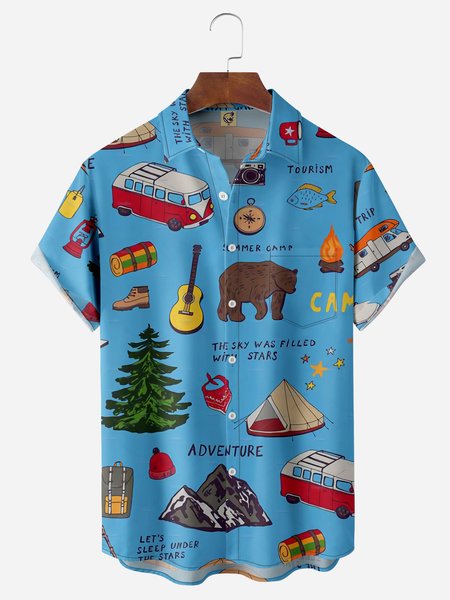 

Camping Chest Pocket Short Sleeve Casual Shirt, Blue, Men Shirts