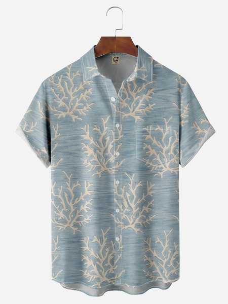 

Marine Life Coral Chest Pocket Short Sleeve Hawaiian Shirt, Blue, Men Shirts