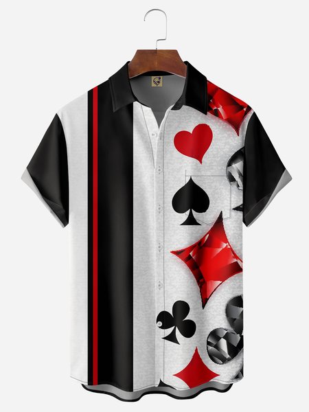 

Poker Symbols Chest Pocket Short Sleeve Bowling Shirt, Black, Men Shirts