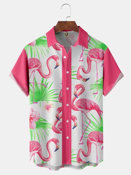 

Flamingo Chest Pocket Short Sleeve Hawaiian Shirt, Pink, Men Shirts