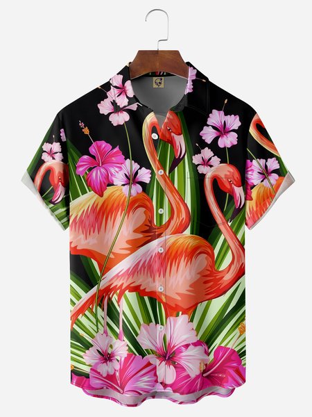 

Flamingo Chest Pocket Short Sleeve Hawaiian Shirt, Black, Men Shirts