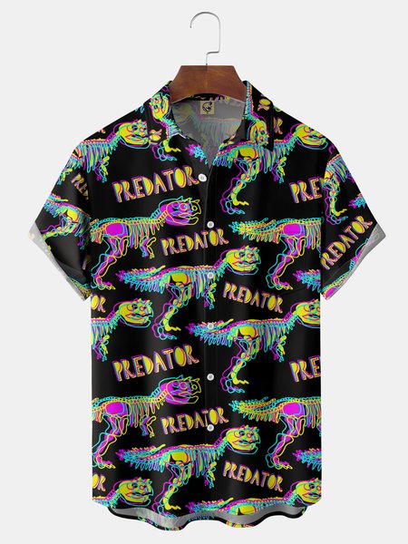 

Dinosaur Chest Pocket Short Sleeve Casual Shirt, Black, Men Shirts