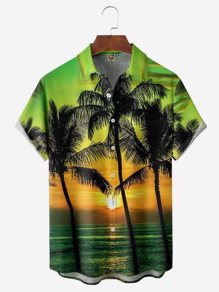 

Coconut Tree Chest Pocket Short Sleeve Hawaiian Shirt, Green, Men Shirts
