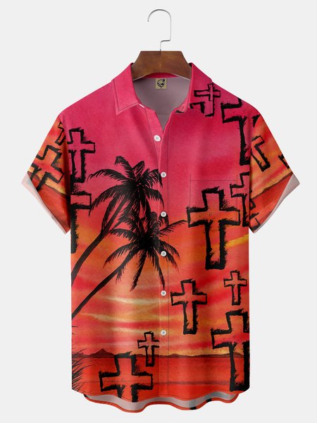 

Coconut Tree Chest Pocket Short Sleeve Hawaiian Shirt, Red, Men Shirts