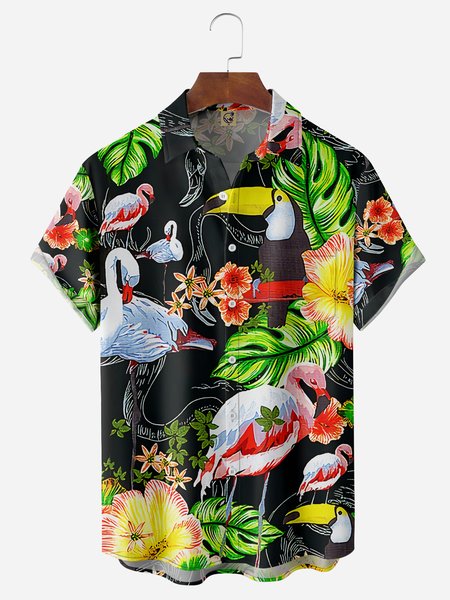 

Flamingo Chest Pocket Short Sleeve Hawaiian Shirt, Black, Men Shirts