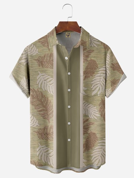 

Tropical Plants Chest Pocket Short Sleeve Bowling Shirt, Green, Men Shirts