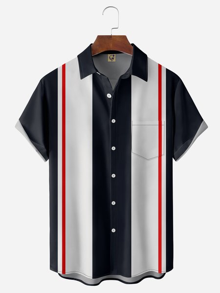 

Color Block Chest Pocket Short Sleeve Bowling Shirt, Black, Men Shirts