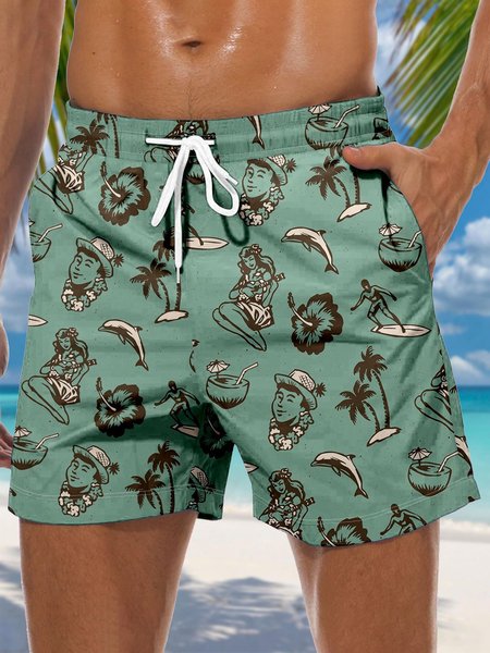 

Coconut Tree Figure Drawstring Beach Shorts, Green, Men's shorts