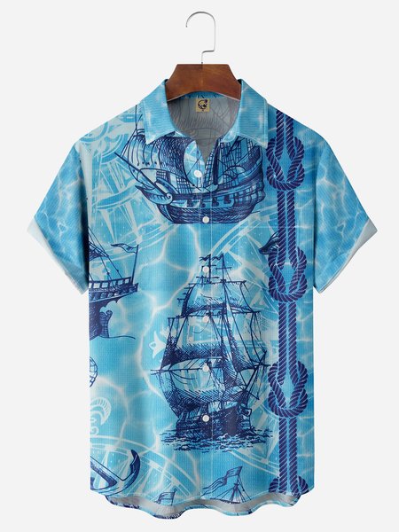 

Sailboat Chest Pocket Short Sleeve Hawaiian Shirt, Blue, Men Shirts