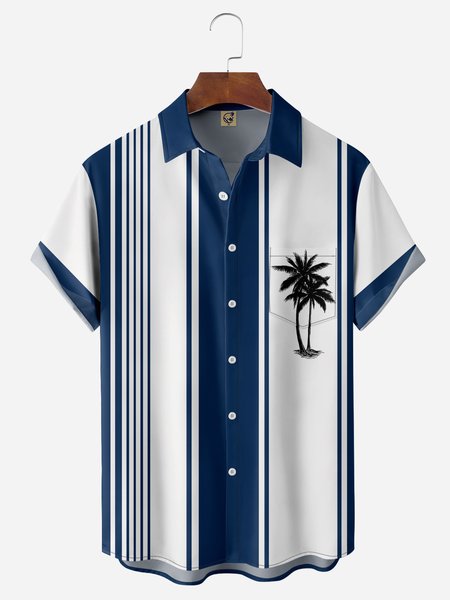 

Coconut Tree Chest Pocket Short Sleeve Bowling Shirt, Blue, Men Shirts