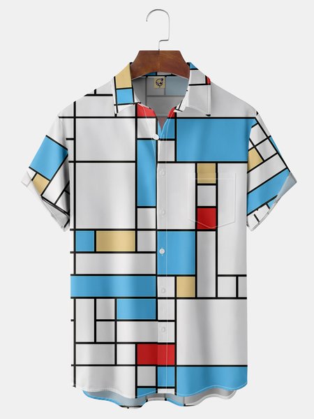 

Geometric Chest Pocket Short Sleeve Casual Shirt, Blue, Men Shirts