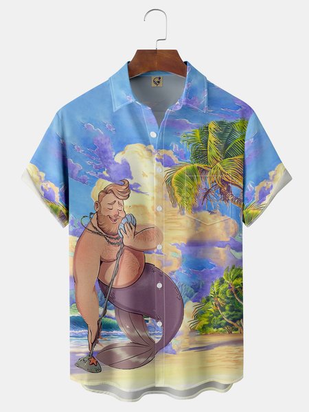 

Mermaid Coconut Tree Chest Pocket Short Sleeve Hawaiian Shirt, Blue, Men Shirts