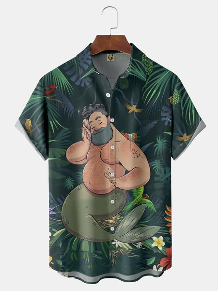 

Mermaid Floral Chest Pocket Short Sleeve Hawaiian Shirt, Green, Men Shirts