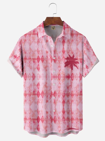 

Coconut Tree Chest Pocket Short Sleeve Hawaiian Shirt, Pink, Men Shirts