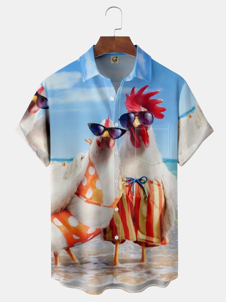 

Rooster Chest Pocket Short Sleeve Casual Shirt, Blue, Men Shirts
