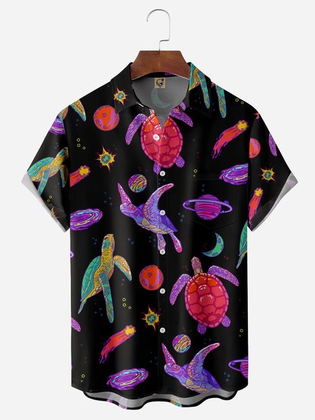 

Space Sea Turtle Chest Pocket Short Sleeve Casual Shirt, Black, Men Shirts