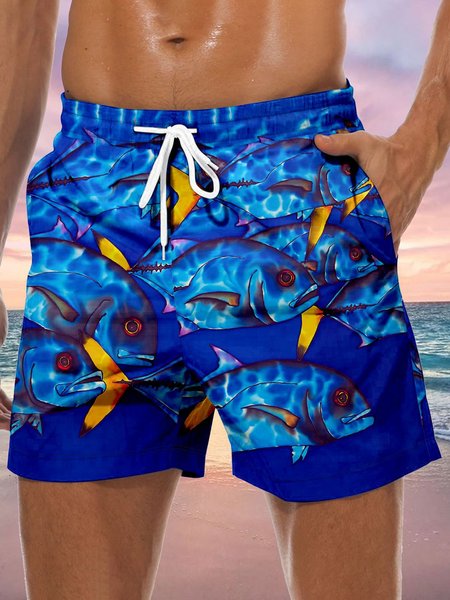 

Fish Drawstring Beach Shorts, Blue, Men's shorts