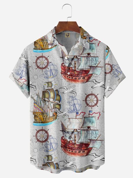 

Sailboat Chest Pocket Short Sleeve Hawaiian Shirt, Gray, Men Shirts
