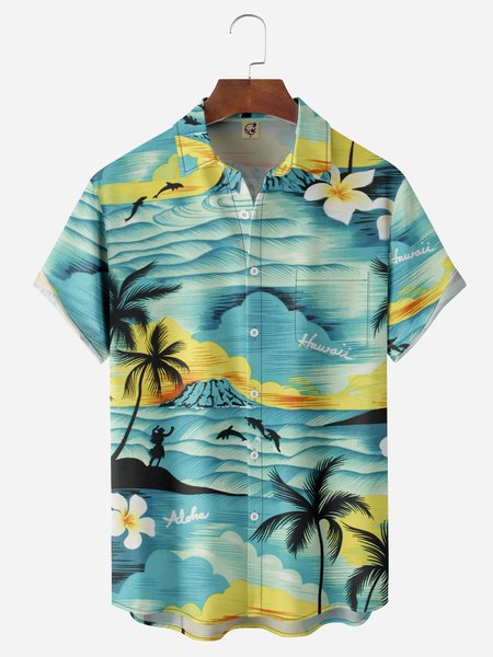

Sea Wave Chest Pocket Short Sleeve Hawaiian Shirt, Blue, Men Shirts
