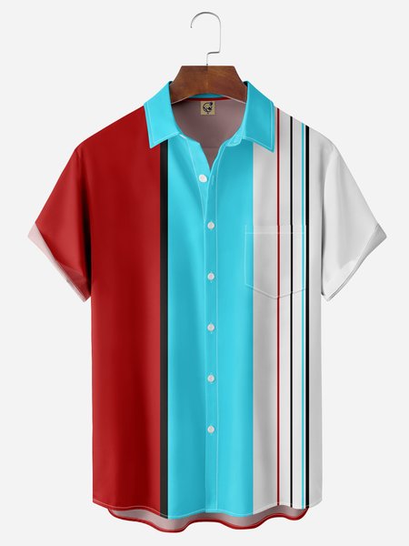

Striped Chest Pocket Short Sleeve Bowling Shirt, Red, Men Shirts