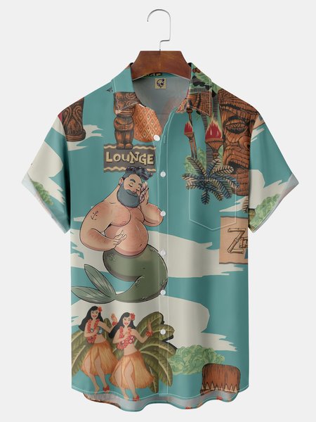 

Mermaid Coconut Tree Chest Pocket Short Sleeve Hawaiian Shirt, Blue, Men Shirts