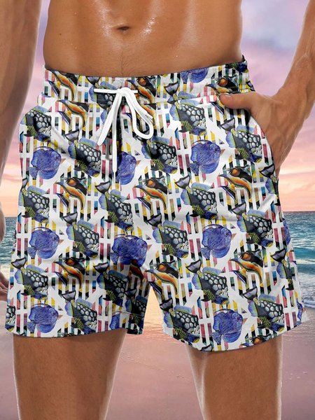 

Fish Drawstring Beach Shorts, Blue, Men's shorts