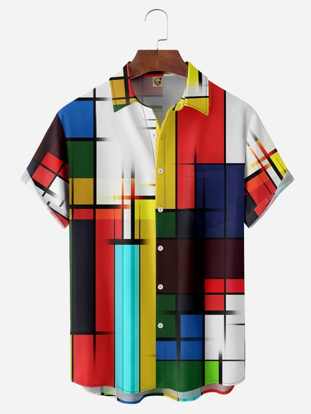 

Geometric Color Block Chest Pocket Short Sleeve Casual Shirt, Red, Men Shirts