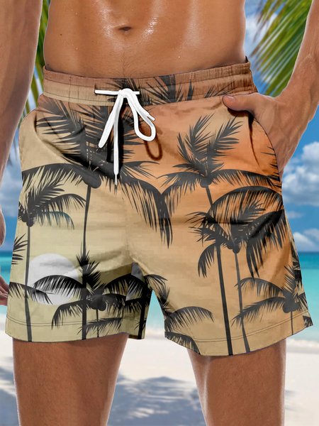

Coconut Tree Drawstring Beach Shorts, Brown, Men's shorts
