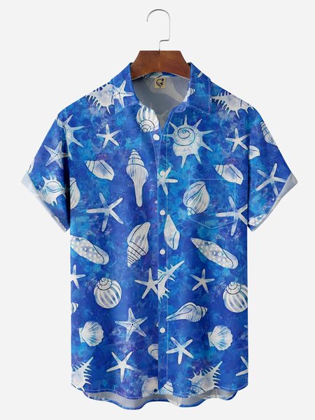 

Marine Life Chest Pocket Short Sleeve Hawaiian Shirt, Blue, Men Shirts