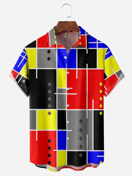

Art Geometry Chest Pocket Short Sleeve Casual Shirt, Red, Men Shirts