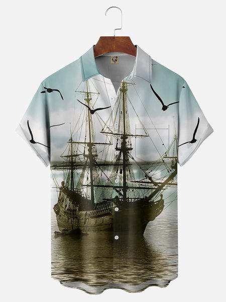 

Sailboat Chest Pocket Short Sleeve Hawaiian Shirt, Blue, Men Shirts