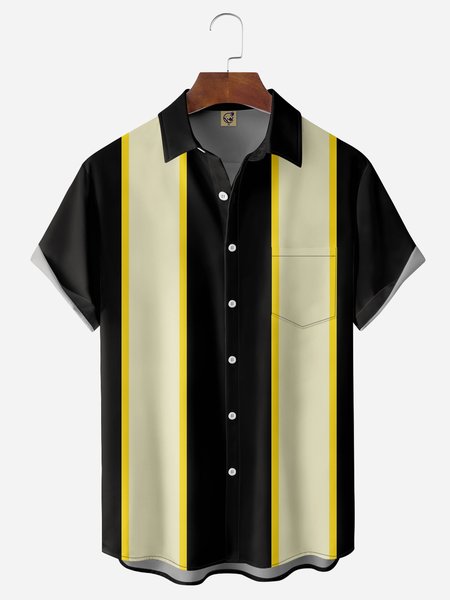

Geometric Stripe Chest Pocket Short Sleeve Bowling Shirt, Black, Men Shirts