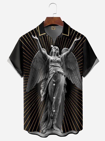 

Angel Sculpture Chest Pocket Short Sleeve Bowling Shirt, Black, Men Shirts