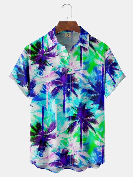 

Coconut Tree Chest Pocket Short Sleeve Hawaiian Shirt, Blue, Men Shirts