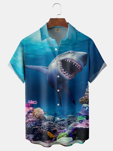 

Marine Life Shark Chest Pocket Short Sleeve Hawaiian Shirt, Blue, Men Shirts