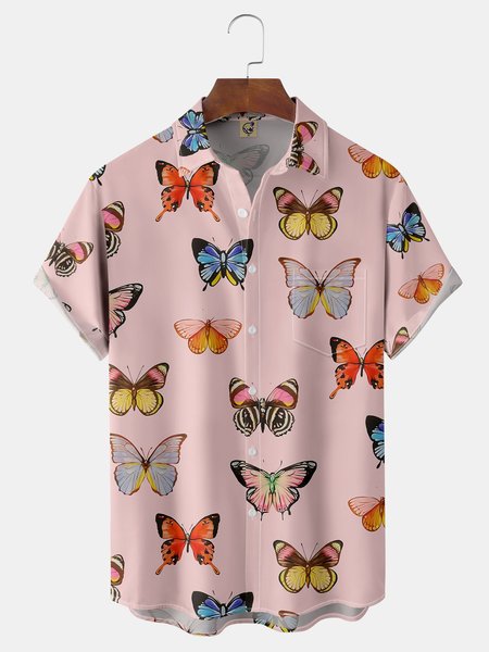 

Butterfly Chest Pocket Short Sleeve Hawaiian Shirt, Pink, Men Shirts