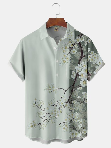 

Floral Sakura Chest Pocket Short Sleeve Hawaiian Shirt, Green, Men Shirts