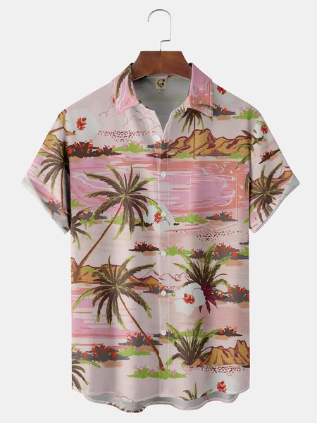 

Coconut Tree Chest Pocket Short Sleeve Hawaiian Shirt, Pink, Men Shirts