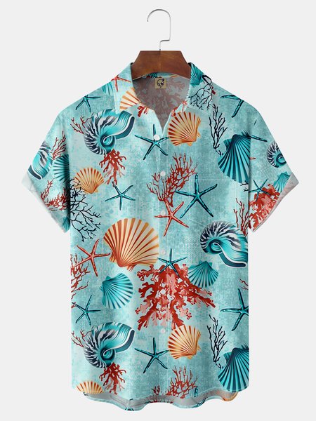 

Marine Life Chest Pocket Short Sleeve Hawaiian Shirt, Blue, Men Shirts