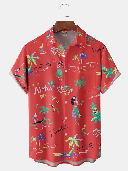 

Hula Girl Chest Pocket Short Sleeve Hawaiian Shirt, Red, Men Shirts