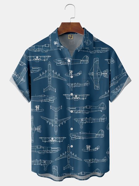 

Airplants Chest Pocket Short Sleeve Casual Shirt, Blue, Men Shirts