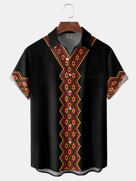 

Folk Pattern Chest Pocket Short Sleeve Casual Shirt, Black, Men Shirts